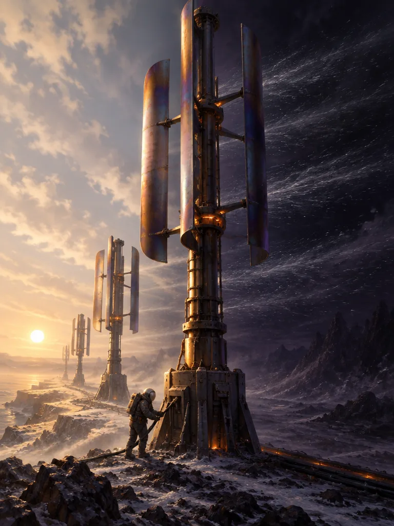 Wind Mast sumbu tegak di garis senja saat angin kencang. Debu garam mengalir dari sisi malam di kanan ke sisi siang di kiri, satu insinyur memegang kabel di kaki tiang.